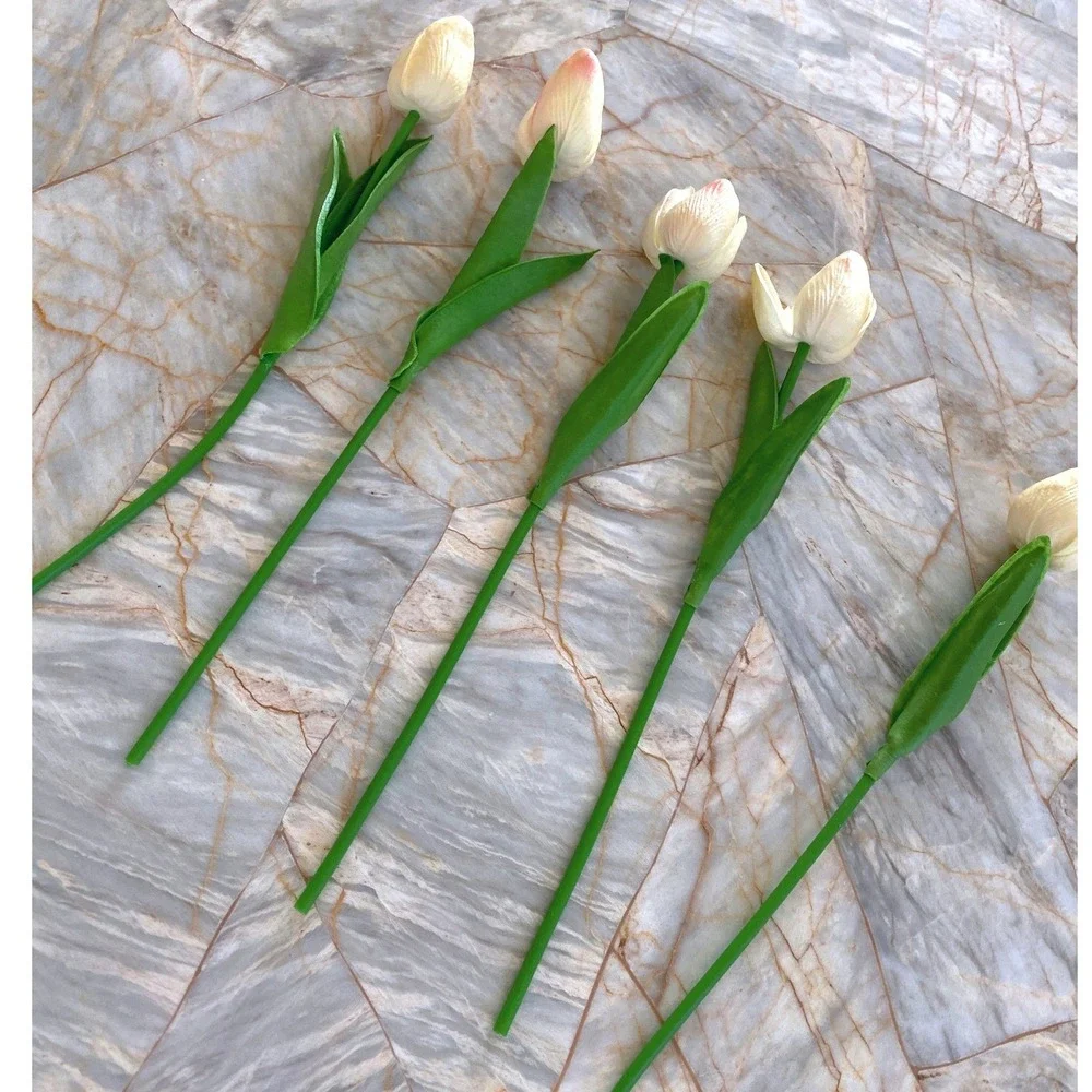 5 Piece Artificial Tulip Stems Cream Pink Faux Silk Flowers Spring Home Decor